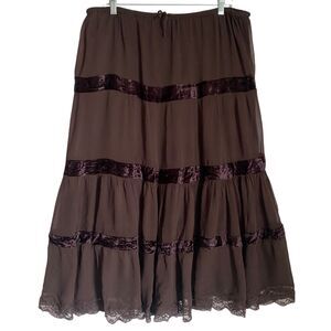 Tiered Midi Skirt XL Chocolate Brown Chiffon Lace Fairy Grunge Dark Romantic
